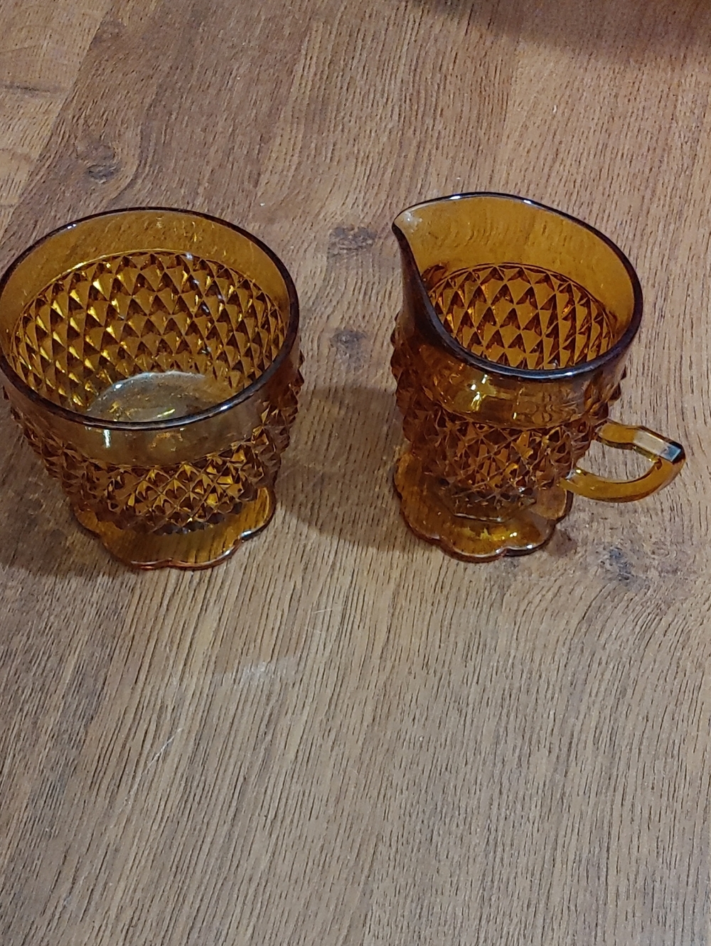 Amber Pressed Glass Creamer and Sugar Set